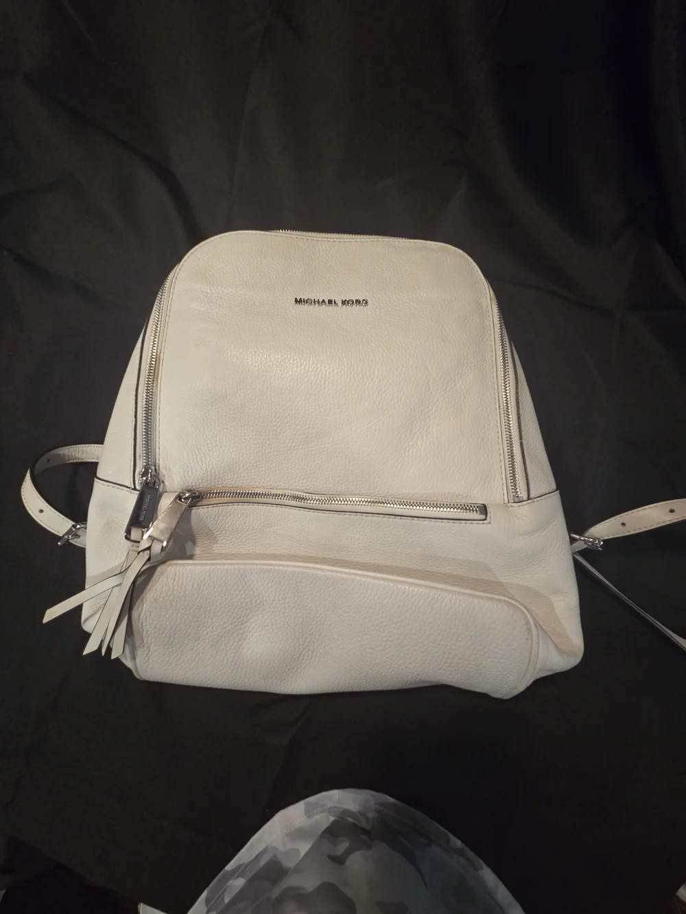 Michael Kors White Pebbled Leather Backpack with Tassel Zips